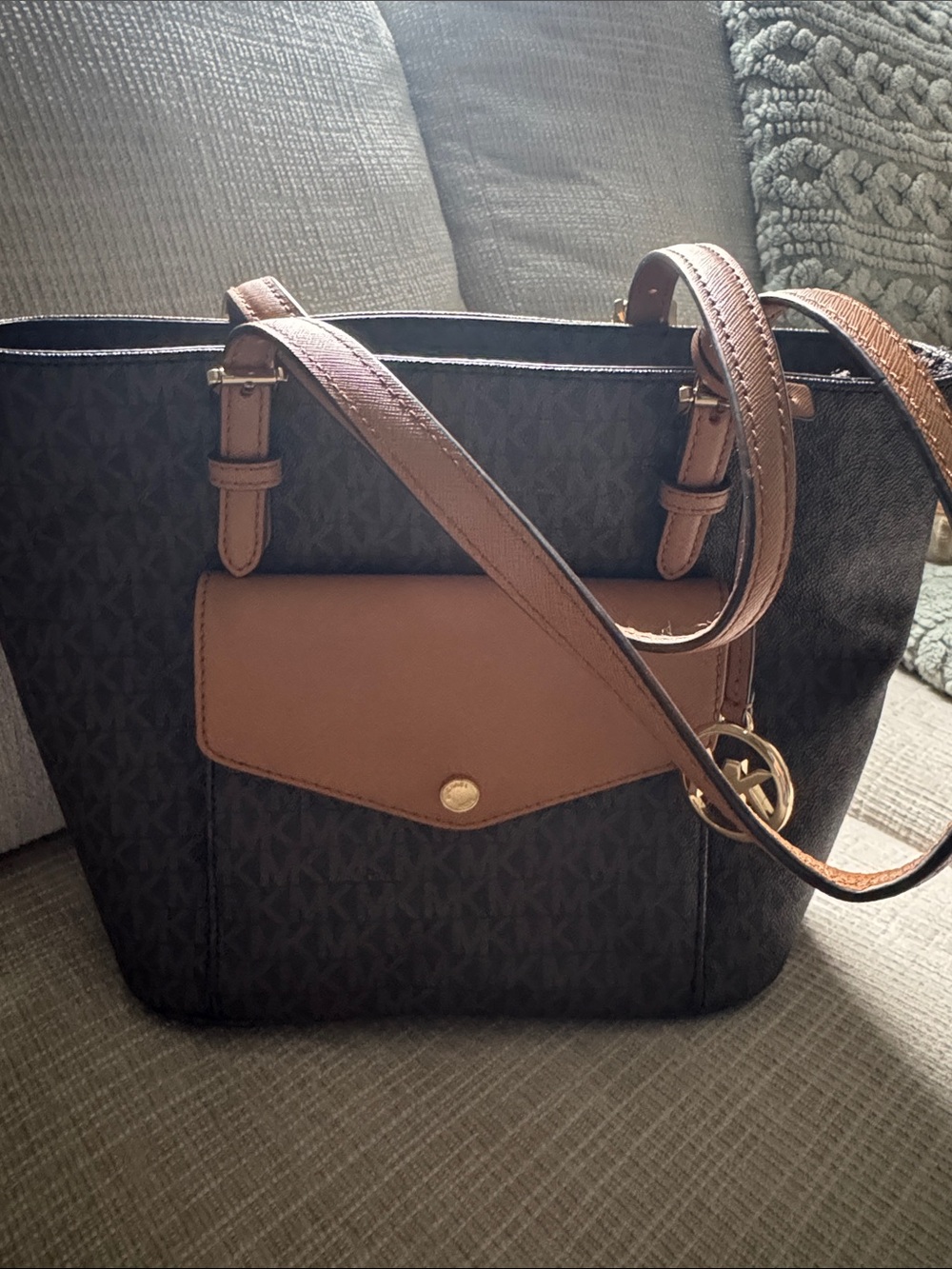 Michael Kors Black Logo Jacquard Tote with Brown Trim